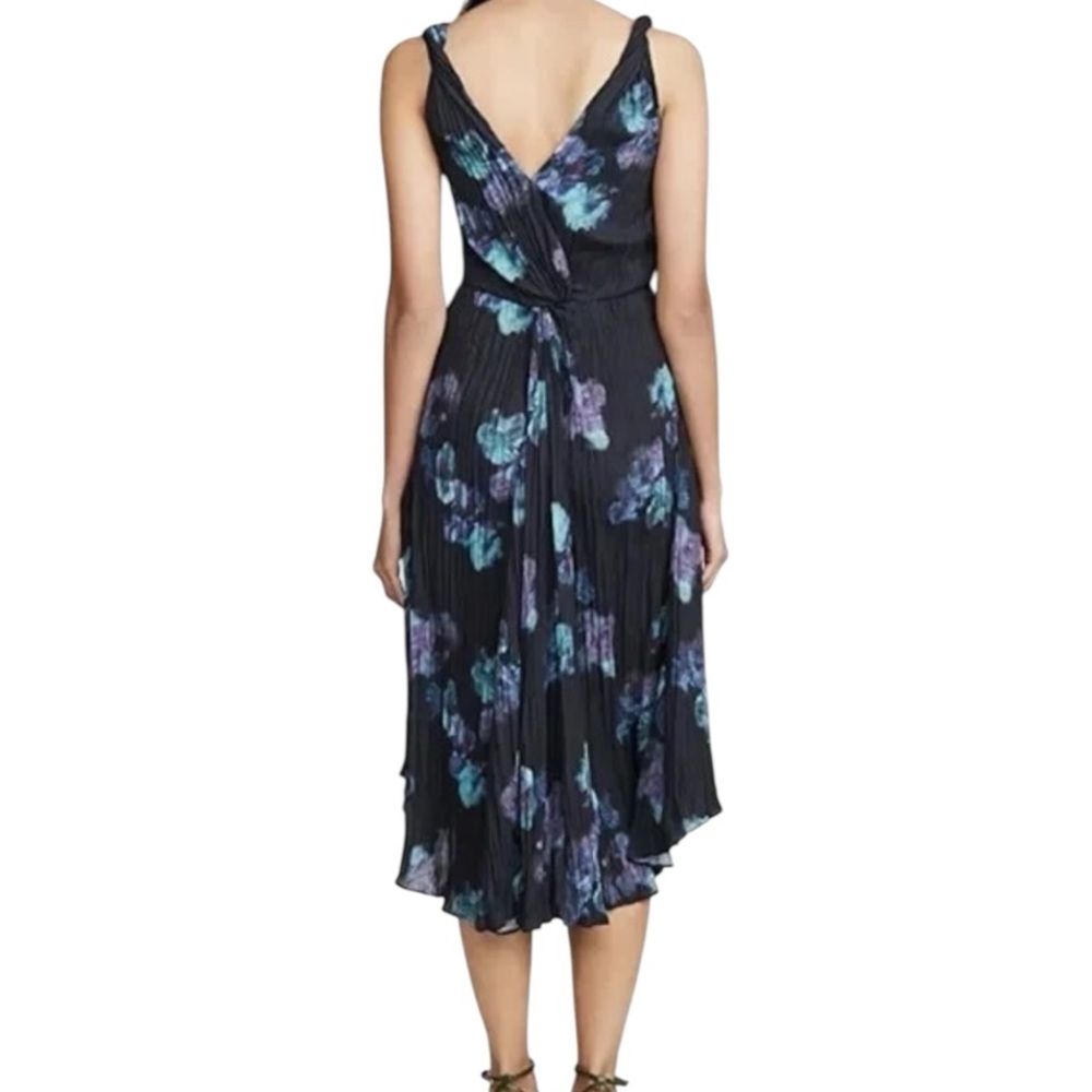 Vince Black Floral Pleated Silk Midi Dress Size 4 Twist Waist - Picture 4 of 14